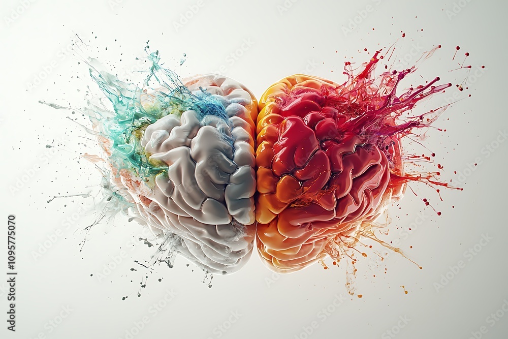 Poster a colorful, dynamic representation of two brains merging, with splashes of blue and red, symbolizing