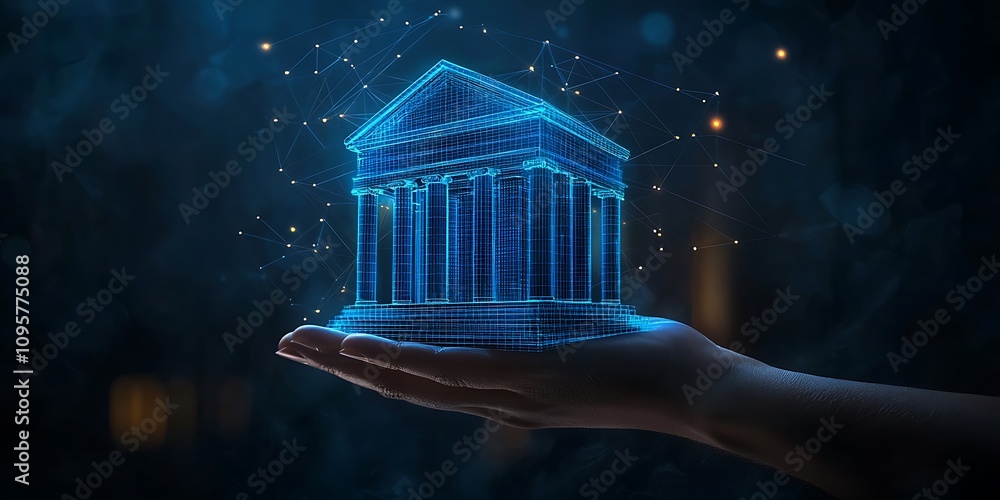 Poster a glowing digital representation of a building is held in a hand, symbolizing technology and innovat