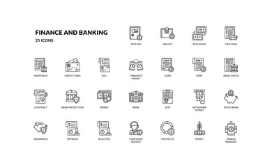 finance and banking economy money global transaction outline line icon set