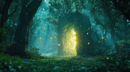 Enchanted anime forest with a glowing portal and floating leaves under moonlight
