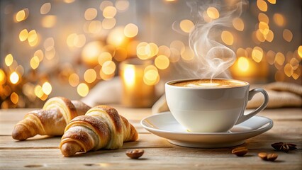 Warm Evening Coffee and Croissants with Festive Lights