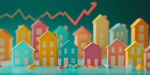 Fototapeta premium A colorful arrangement of miniature houses with an upward graph, symbolizing real estate growth and market trends.
