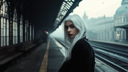Obraz premium A young woman with white hair stands on a train platform, looking back at the camera. She is wearing a black jacket. The platform is empty and there is a foggy city in the background.