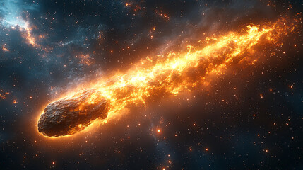 Obraz premium A minimal comet with a glowing tail in dark space, ideal for sci-fi themes, space exploration events, or digital art projects.