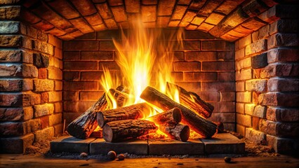 Warmth and Comfort of a Cozy Brick Fireplace Burning Logs