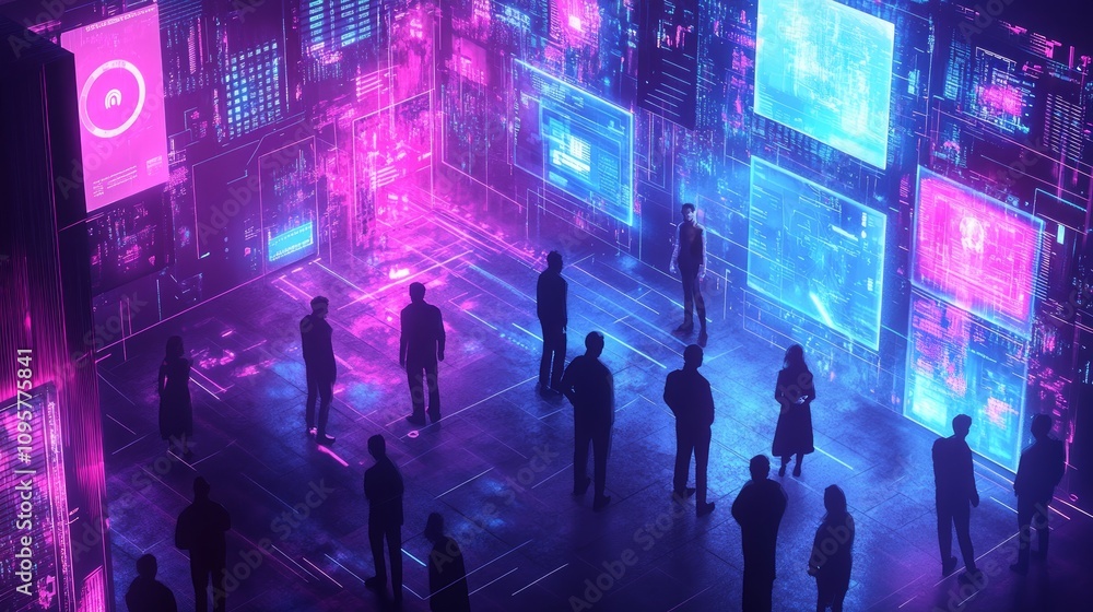 Poster silhouetted figures in a futuristic room surrounded by vibrant digital screens displaying data and i