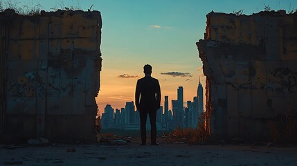 Fototapeta premium A silhouetted figure stands between crumbling walls, gazing at a vibrant sunset illuminating a city skyline.