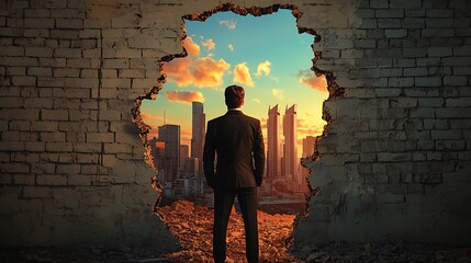 A figure stands before a broken wall, gazing out at a vibrant city skyline bathed in sunset hues, symbolizing opportunity and new beginnings.