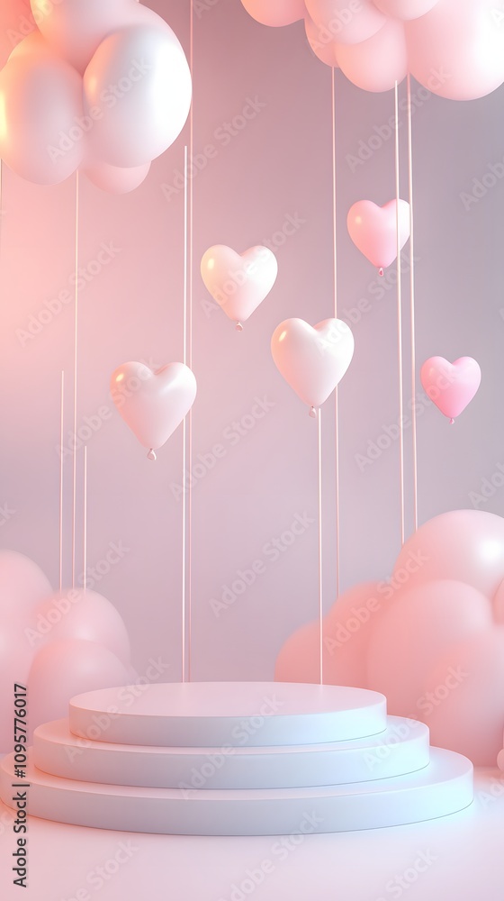 Poster a minimalist podium with a smooth white surface, illuminated by soft pastel lights and surrounded by