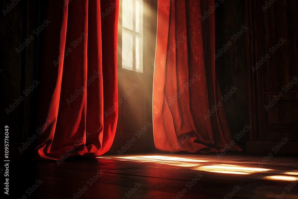Aufkleber a beam of light streams through a partially open door, illuminating a dark room with red curtains, c