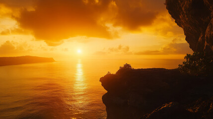 stunning sunset over ocean, with golden hues reflecting on water and silhouetted cliffs. tranquil scene evokes sense of peace and beauty