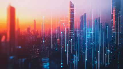 Fototapeta premium Smart digital city with connection Innovation network reciprocity over the sunset cityscape Concept of future wireless digital city and social media networking systems that connects business people