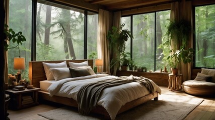 Fototapeta premium minimalist room background with wide windows with a view of the shady forest