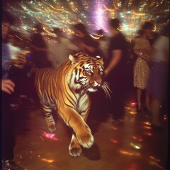 A tiger walks through a crowded dance floor with blurred people in the background.