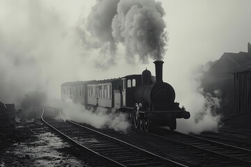 Fototapeta premium A steam locomotive pulls a train through a foggy landscape.