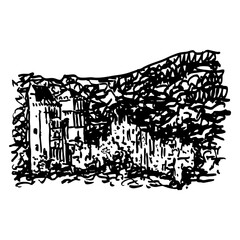 The Tours de Merle. Towers of Merl in France. Ruins of a medieval French castle. Hand drawn linear doodle rough sketch. Black and white silhouette.