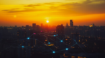 Obraz premium Smart digital city with connection Innovation network reciprocity over the sunset cityscape Concept of future wireless digital city and social media networking systems that connects business people
