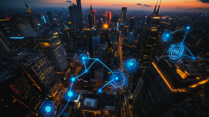 Fototapeta premium Smart digital city with connection Innovation network reciprocity over the sunset cityscape Concept of future wireless digital city and social media networking systems that connects business people