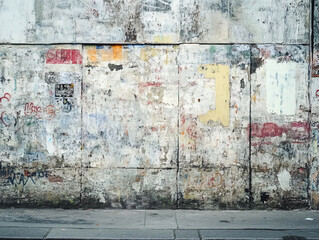 weathered wall displaying layers of graffiti and peeling paint, showcasing urban decay and artistic expression. textures and colors create striking visual impact