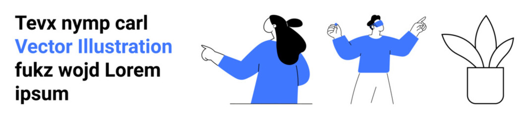 Two individuals pointing with placeholder text and potted plant in simple vector art style. Ideal for websites, educational materials, brochures, advertisements, presentations, posters, social media