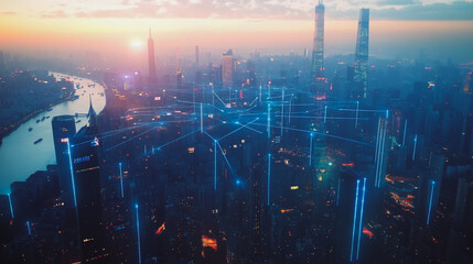 Obraz premium Smart digital city with connection Innovation network reciprocity over the sunset cityscape Concept of future wireless digital city and social media networking systems that connects business people