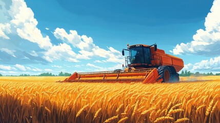 Obraz premium Harvester in golden wheat field. Illustrates agriculture, harvest season, and rural life.