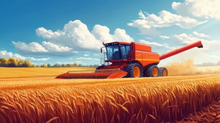Obraz premium Harvesting wheat in golden field. Depicts agricultural machinery and abundance.