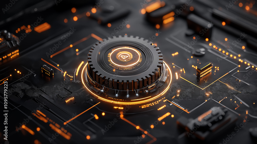 Poster futuristic technology concept with glowing circuits and gears