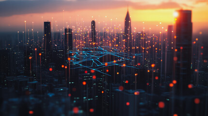 Fototapeta premium Smart digital city with connection Innovation network reciprocity over the sunset cityscape Concept of future wireless digital city and social media networking systems that connects business people