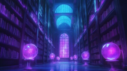 Magical anime library with towering shelves, glowing orbs, and a mystical ambiance