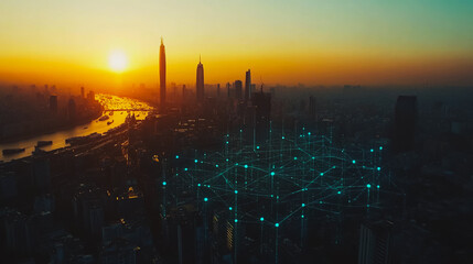 Naklejka premium Smart digital city with connection Innovation network reciprocity over the sunset cityscape Concept of future wireless digital city and social media networking systems that connects business people