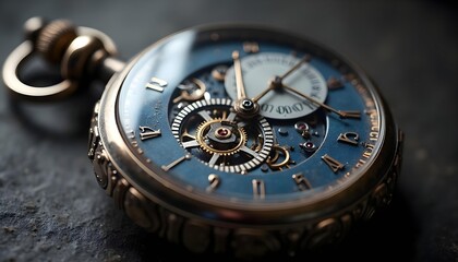 The dial has complex gears, hands, and blue and gold markings, a close-up of an antique pocket watch