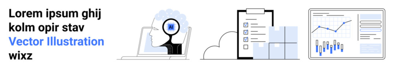 Magnifying glass over laptop, clipboard with charts, and data analytics graph screen. Ideal for SEO services, market research, data analysis, report generation, business insights, productivity tools