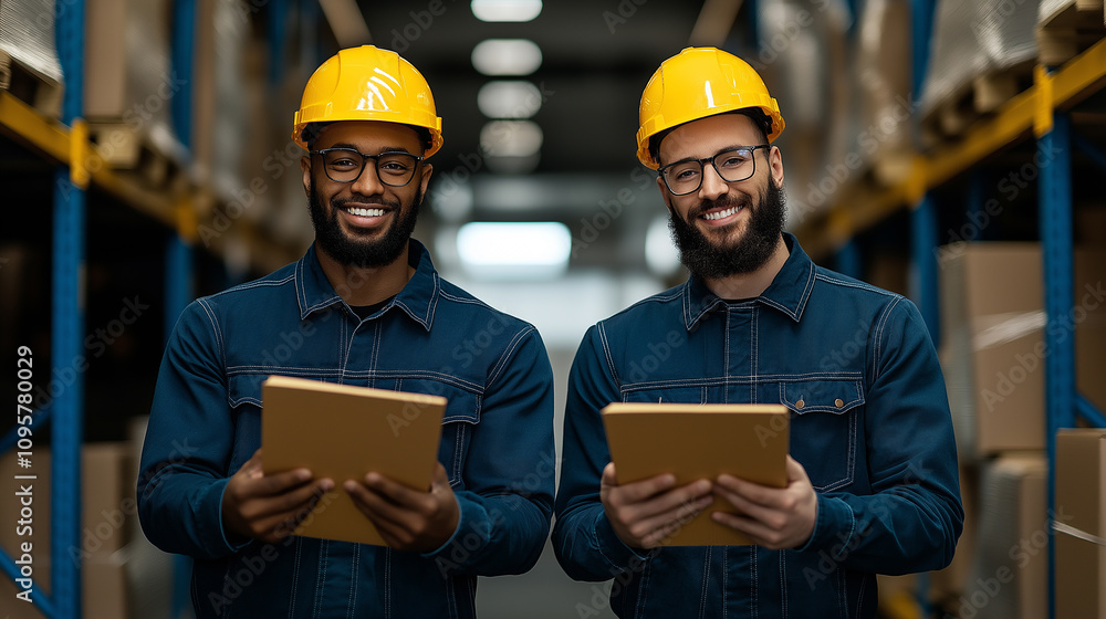 Poster Efficient logistics team managing inventory in warehouse setting