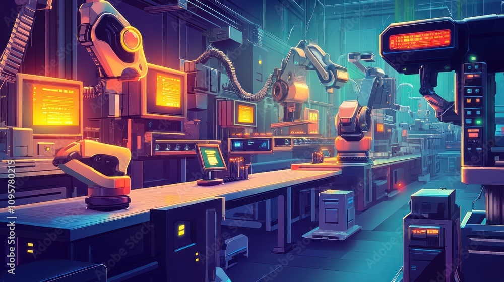 Aufkleber futuristic factory assembly line with robotic arms and computer monitors.