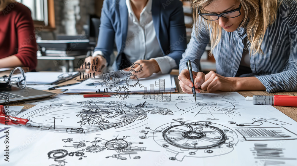 Aufkleber modern office setting with professionals collaborating on designs and sketches
