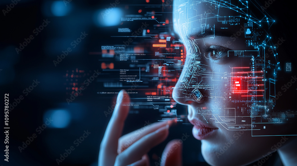 Poster digital identity verification app interface on woman face, showcasing technology