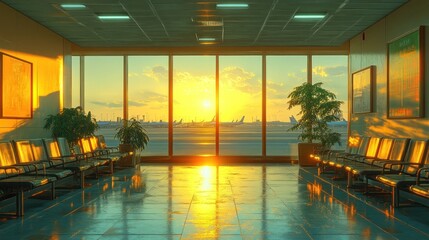 Fototapeta premium Airport Sunset: Golden Hour at the Departure Gate