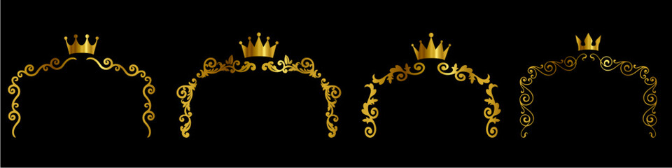 golden Elegant royal swirls with crown, Victorian Scrolls decorative elements, vintage calligraphic lines text dividers, premium luxury crown elements