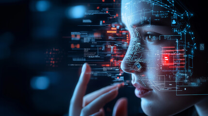 Digital identity verification app interface on woman face, showcasing technology