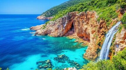 Scenic Waterfall Flowing into Tranquil Sea