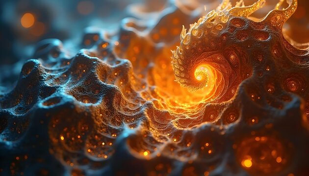 Complex and abstract patterns, rotating and intricate shapes, and orange, blue, and gold lines.