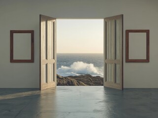 Open double doors reveal a stunning ocean view.