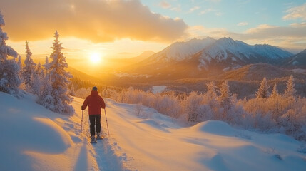 person snowshoeing through snowy landscape at sunset, surrounded by mountains and trees. scene captures beauty of winter and tranquility of nature