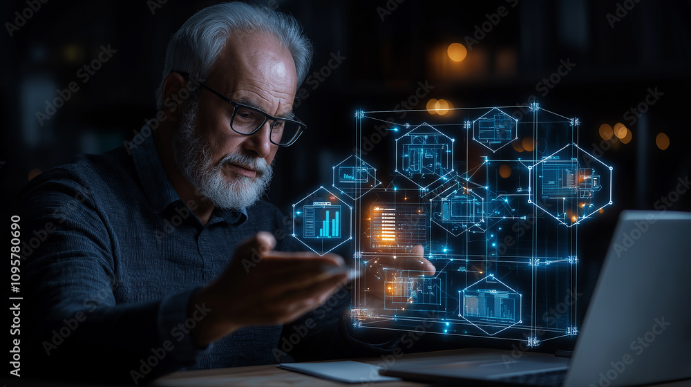 Poster senior man analyzing data with holographic interface at night