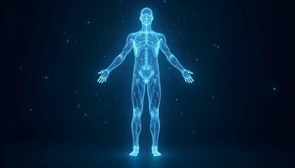 Luminous blue wireframe human body diagram, interconnected lines and point networks,