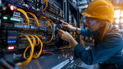 repair engineer working on electrical panel, focused and skilled