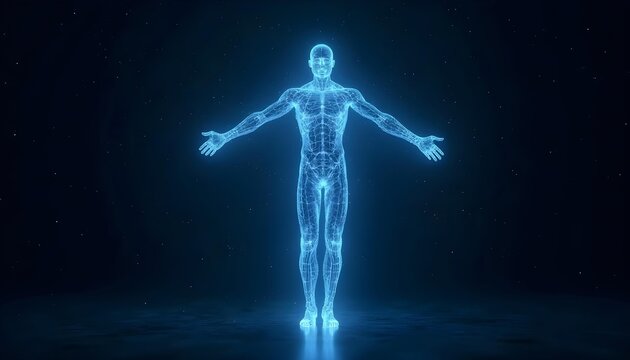 Luminous blue wireframe human body diagram, interconnected lines and point networks,