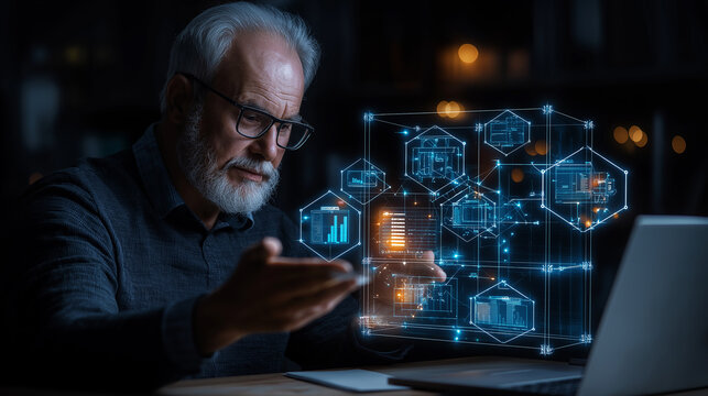Senior man analyzing data with holographic interface at night