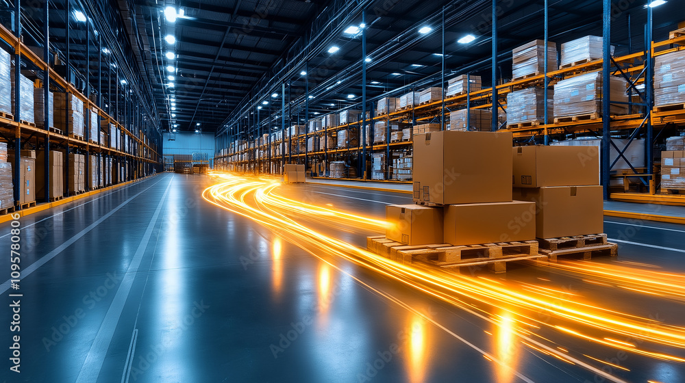 Poster Efficient warehouse with boxes and glowing paths of movement